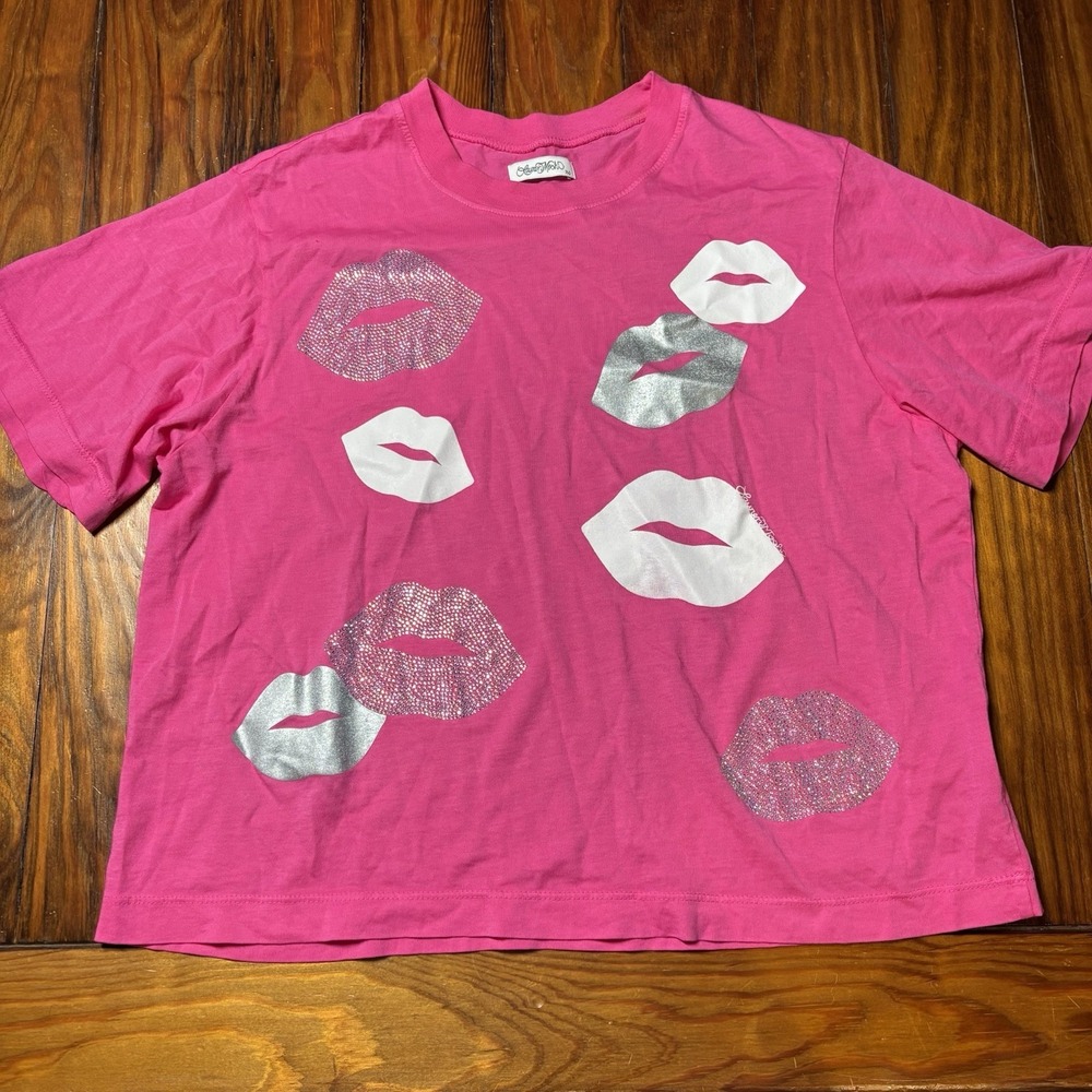 Lauren Moshi Hot Pink Lips Kisses Crystal Bling Crop T-Shirt XS A1458